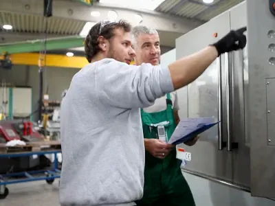 Lehrling und Ausbilder arbeiten gemeinsam an einer Maschine in unserer Produktionshalle Lehrling und Ausbilder arbeiten gemeinsam an einer Maschine in unserer Produktionshalle